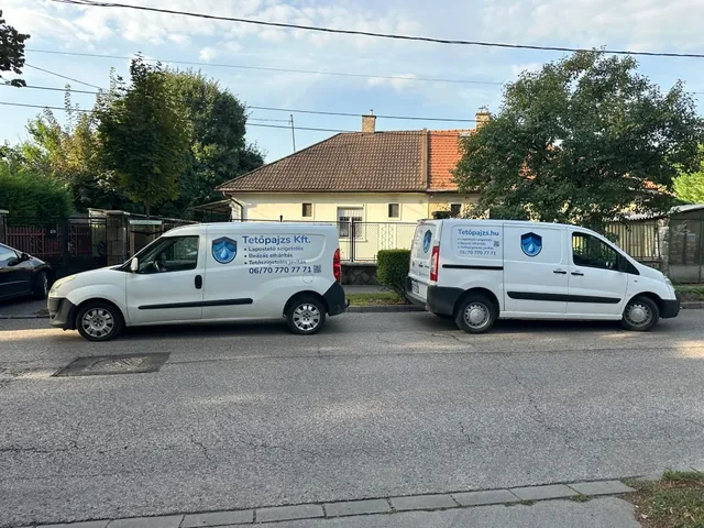 Két Tetőpajzs feliratú kisteherautó családi házas utcában